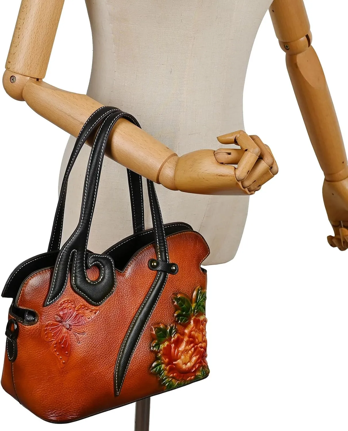 Women's Bag - Real Women's Leather Handbag - Handmade, Unique Embossed Cowhide, Floral Design, Vintage Tote