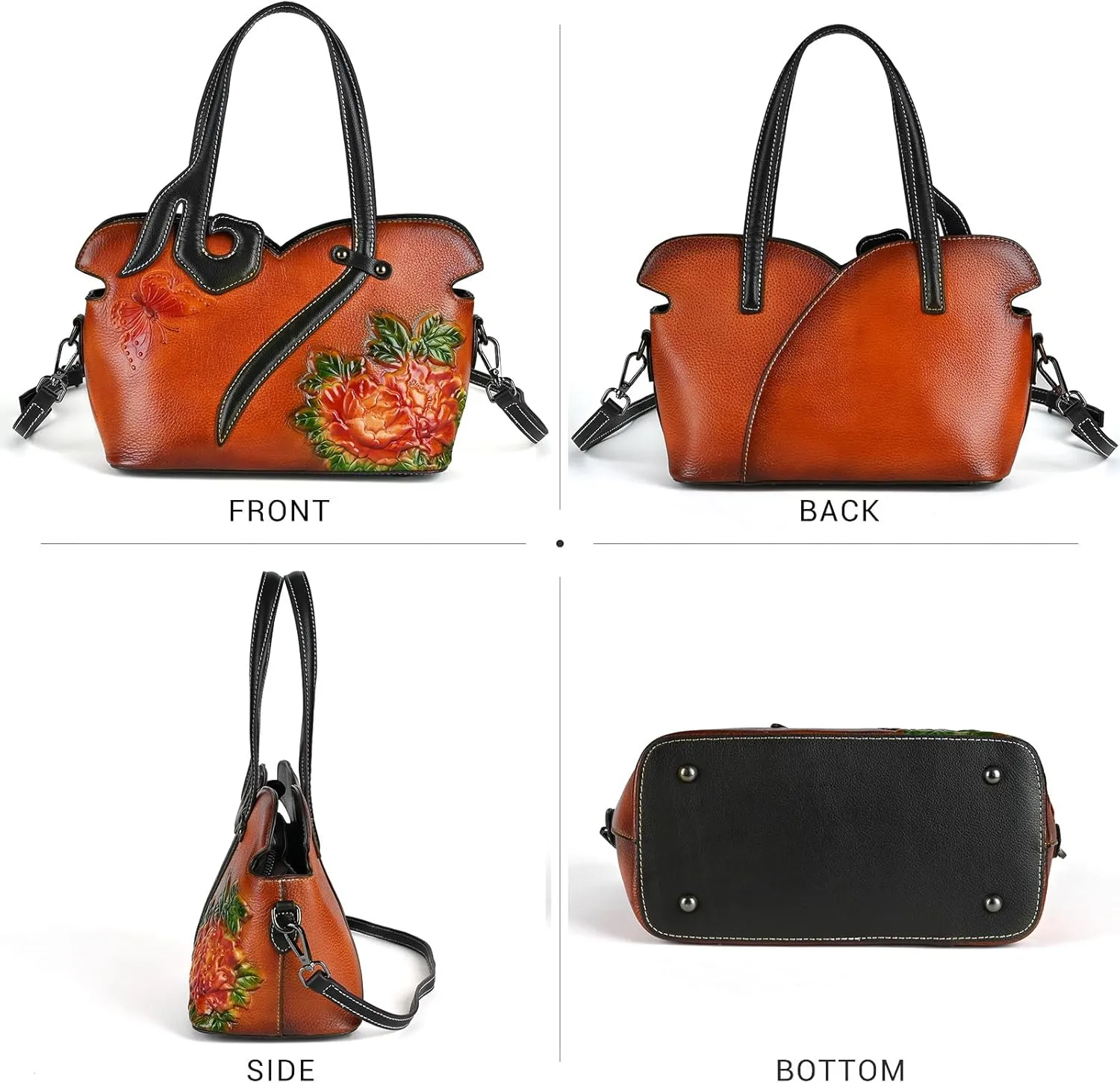 Women's Bag - Real Women's Leather Handbag - Handmade, Unique Embossed Cowhide, Floral Design, Vintage Tote