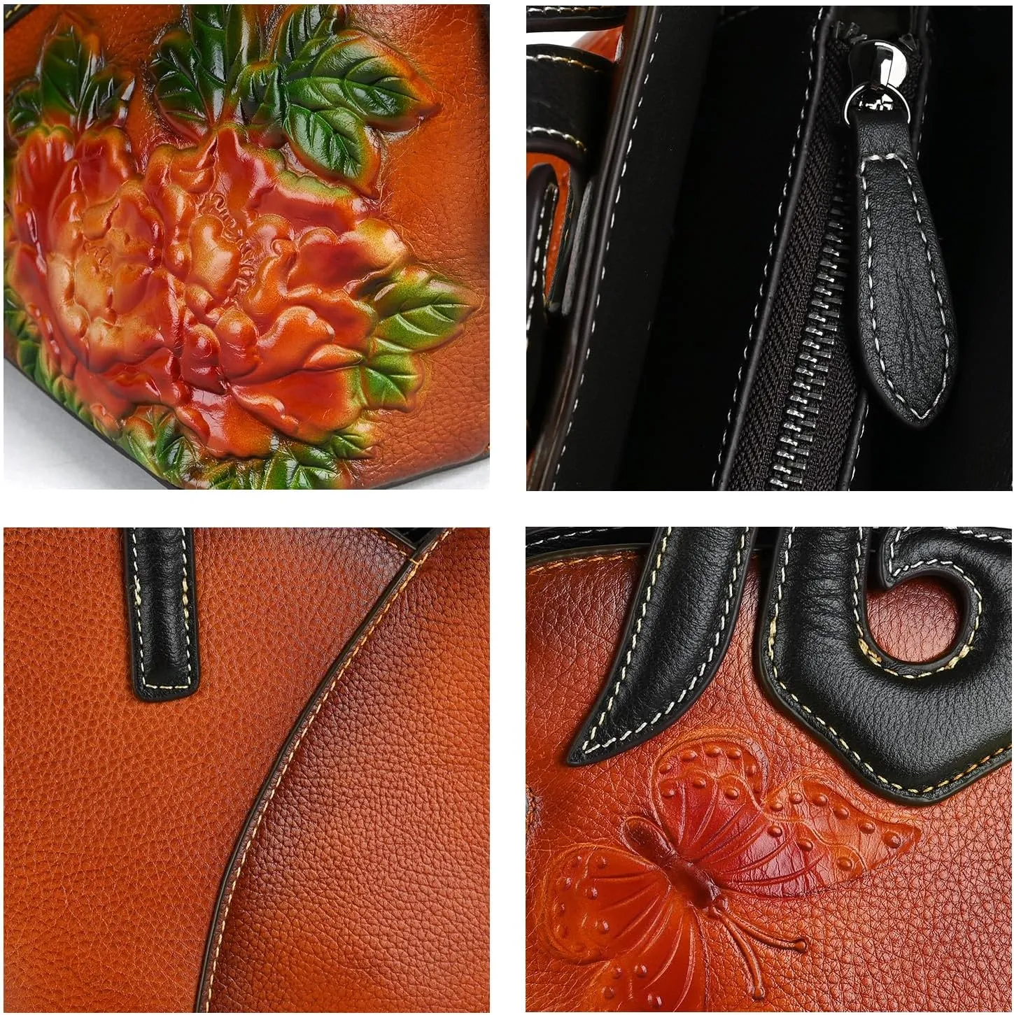 Women's Bag - Real Women's Leather Handbag - Handmade, Unique Embossed Cowhide, Floral Design, Vintage Tote