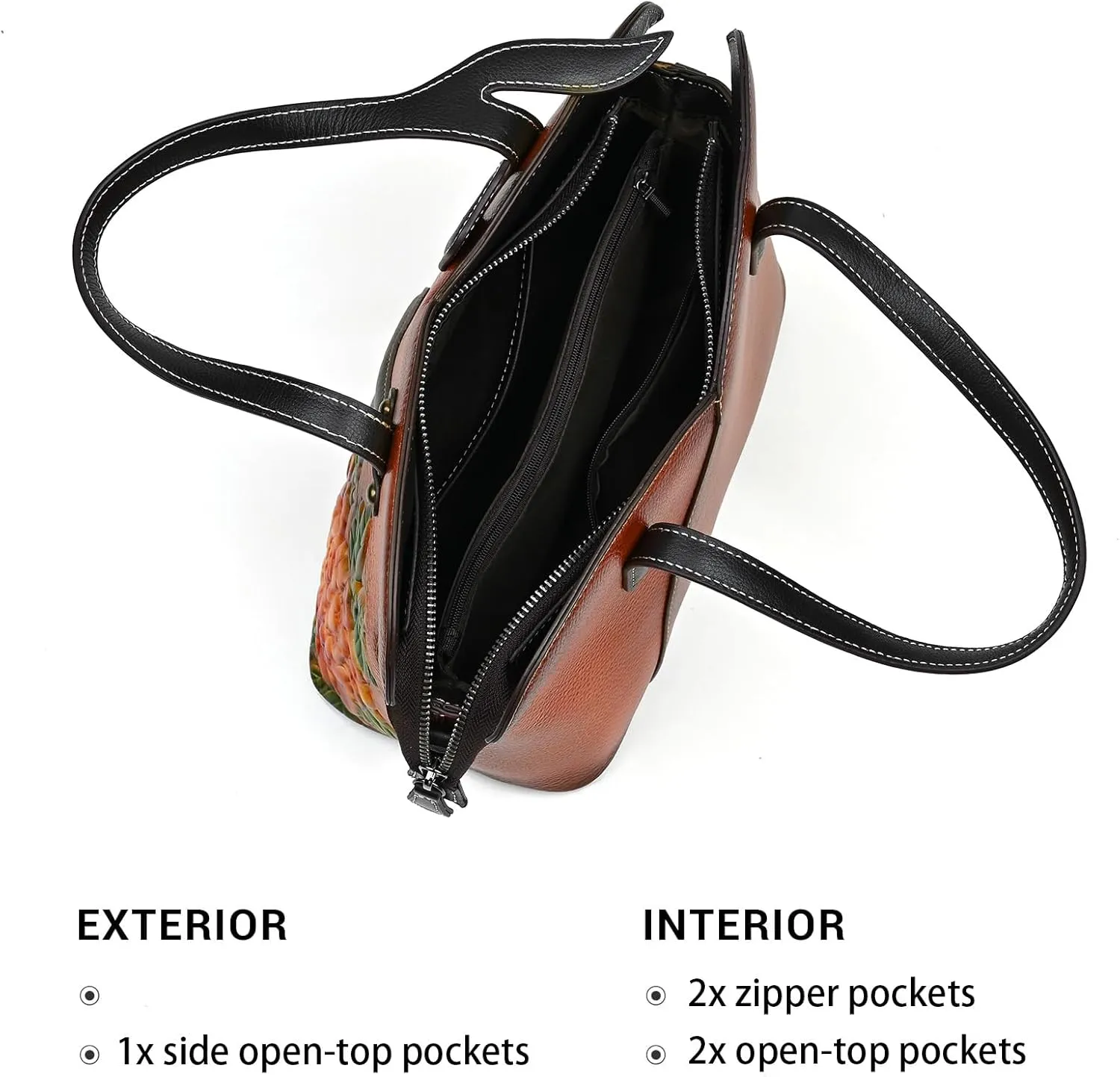 Women's Bag - Real Women's Leather Handbag - Handmade, Unique Embossed Cowhide, Floral Design, Vintage Tote