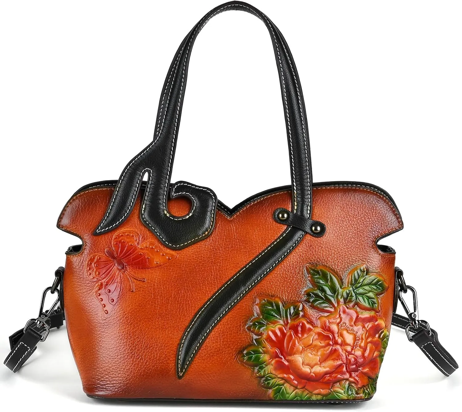 Women's Bag - Real Women's Leather Handbag - Handmade, Unique Embossed Cowhide, Floral Design, Vintage Tote