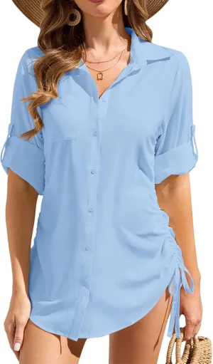 Womens Bathing Suit Cover Ups Swimsuit Coverup UPF 50 Long Sleeve UV Sun Protection Shirts Button Down Dress Shirt