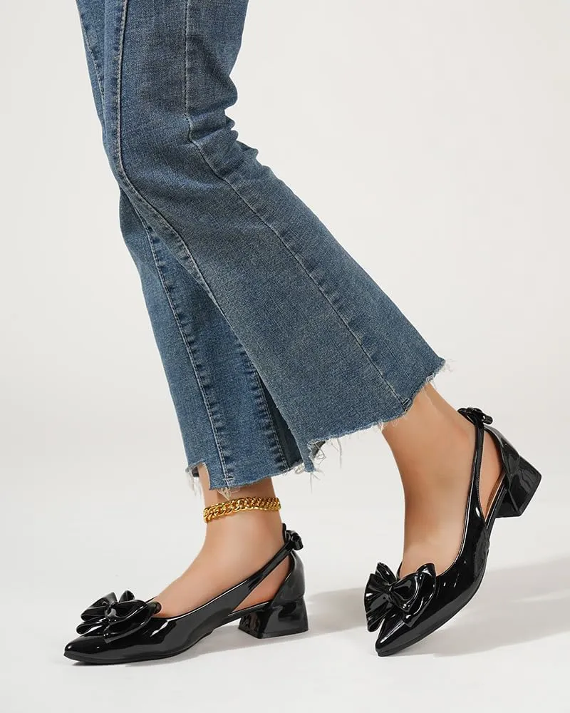 Women's Bow Slingback Heels Pointed Toe Chunky Heels Pumps Dress Shoes - 1.18'' Inches Height