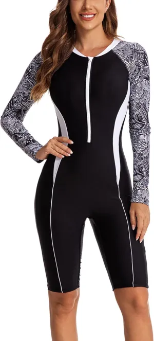 Womens Boyleg One Piece Swimsuit Athletic Swimwear Long Sleeve Sun Protection Bathing Suit