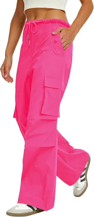 Womens Cargo Pants Elastic Waist Wide Leg Parachute Pants with 4 Pockets Baggy Hiking Trousers Travel Y2K Waterproof