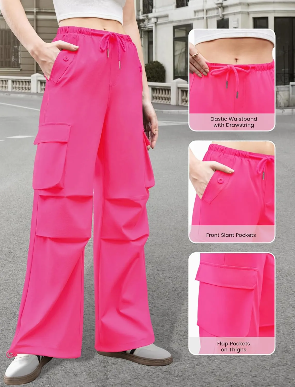 Womens Cargo Pants Elastic Waist Wide Leg Parachute Pants with 4 Pockets Baggy Hiking Trousers Travel Y2K Waterproof