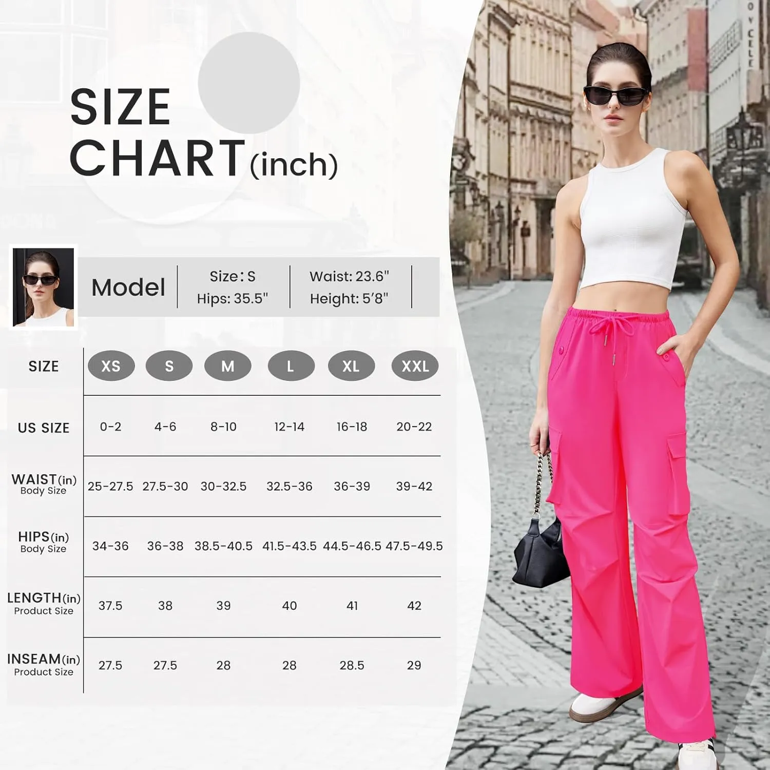Womens Cargo Pants Elastic Waist Wide Leg Parachute Pants with 4 Pockets Baggy Hiking Trousers Travel Y2K Waterproof