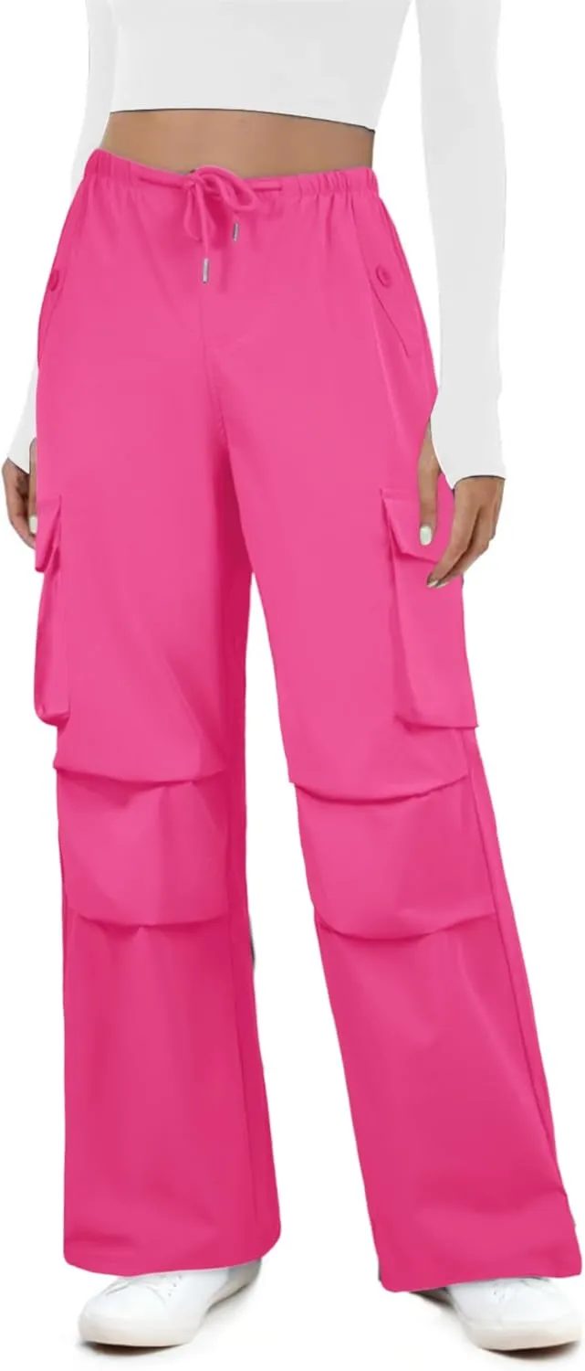Womens Cargo Pants Elastic Waist Wide Leg Parachute Pants with 4 Pockets Baggy Hiking Trousers Travel Y2K Waterproof