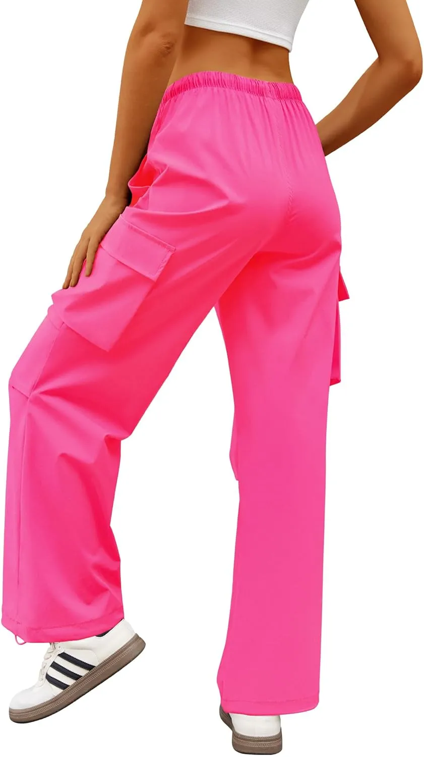 Womens Cargo Pants Elastic Waist Wide Leg Parachute Pants with 4 Pockets Baggy Hiking Trousers Travel Y2K Waterproof
