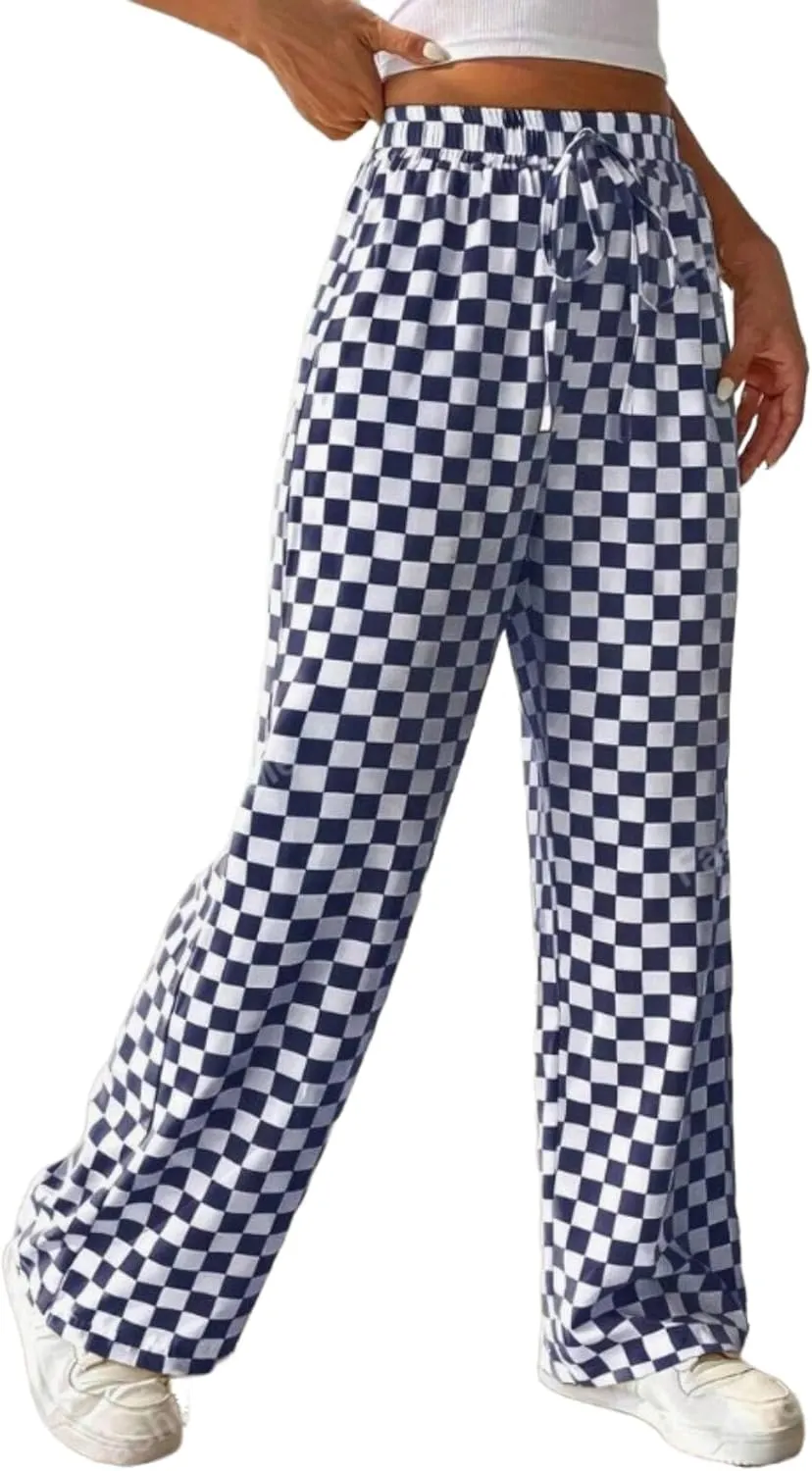 Women's Casual Checkered Pants Drawstring Elastic Waist Comfy Loose Straight Wide Leg Plaid Pants with Pockets