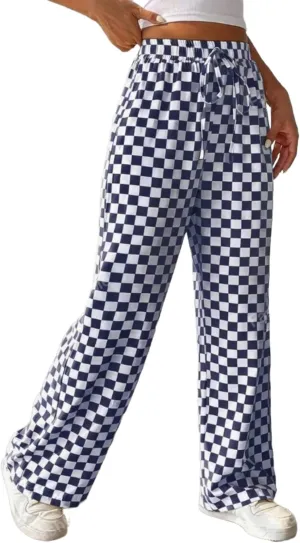 Women's Casual Checkered Pants Drawstring Elastic Waist Comfy Loose Straight Wide Leg Plaid Pants with Pockets