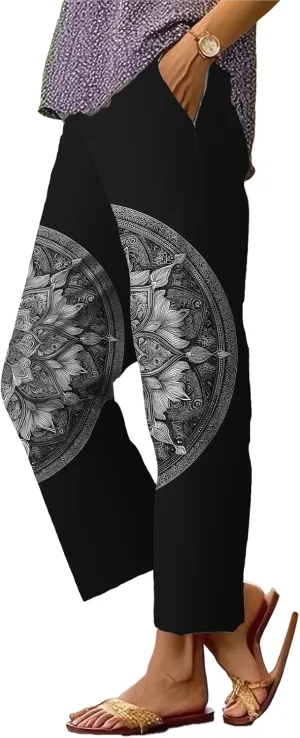 Womens Casual Pants with Pockets Boho Floral Straight Leg Trousers Drawstring Japanese Art Summer Loose Beach Pants
