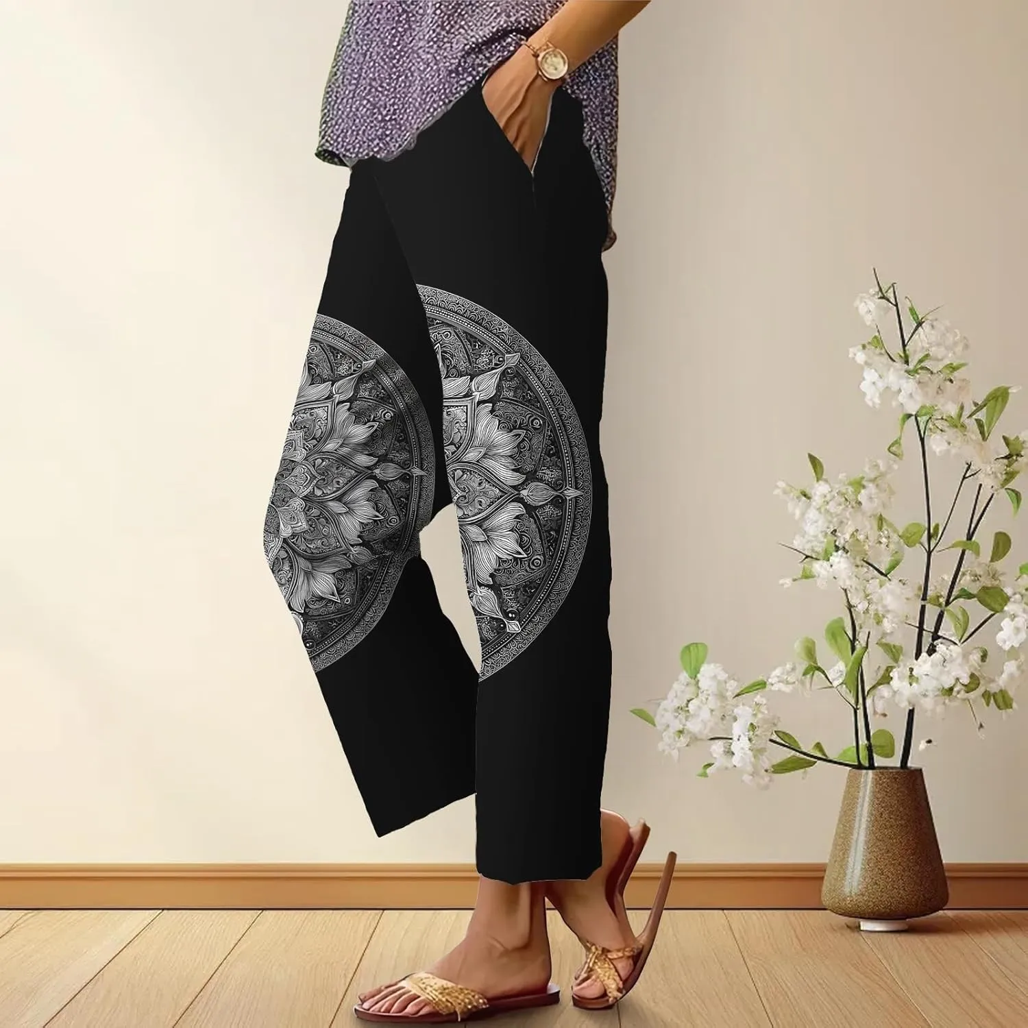 Womens Casual Pants with Pockets Boho Floral Straight Leg Trousers Drawstring Japanese Art Summer Loose Beach Pants