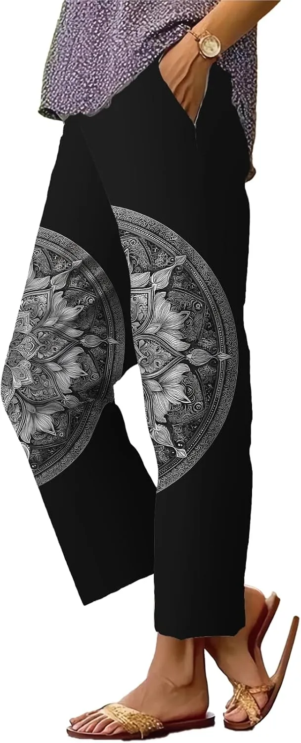 Womens Casual Pants with Pockets Boho Floral Straight Leg Trousers Drawstring Japanese Art Summer Loose Beach Pants