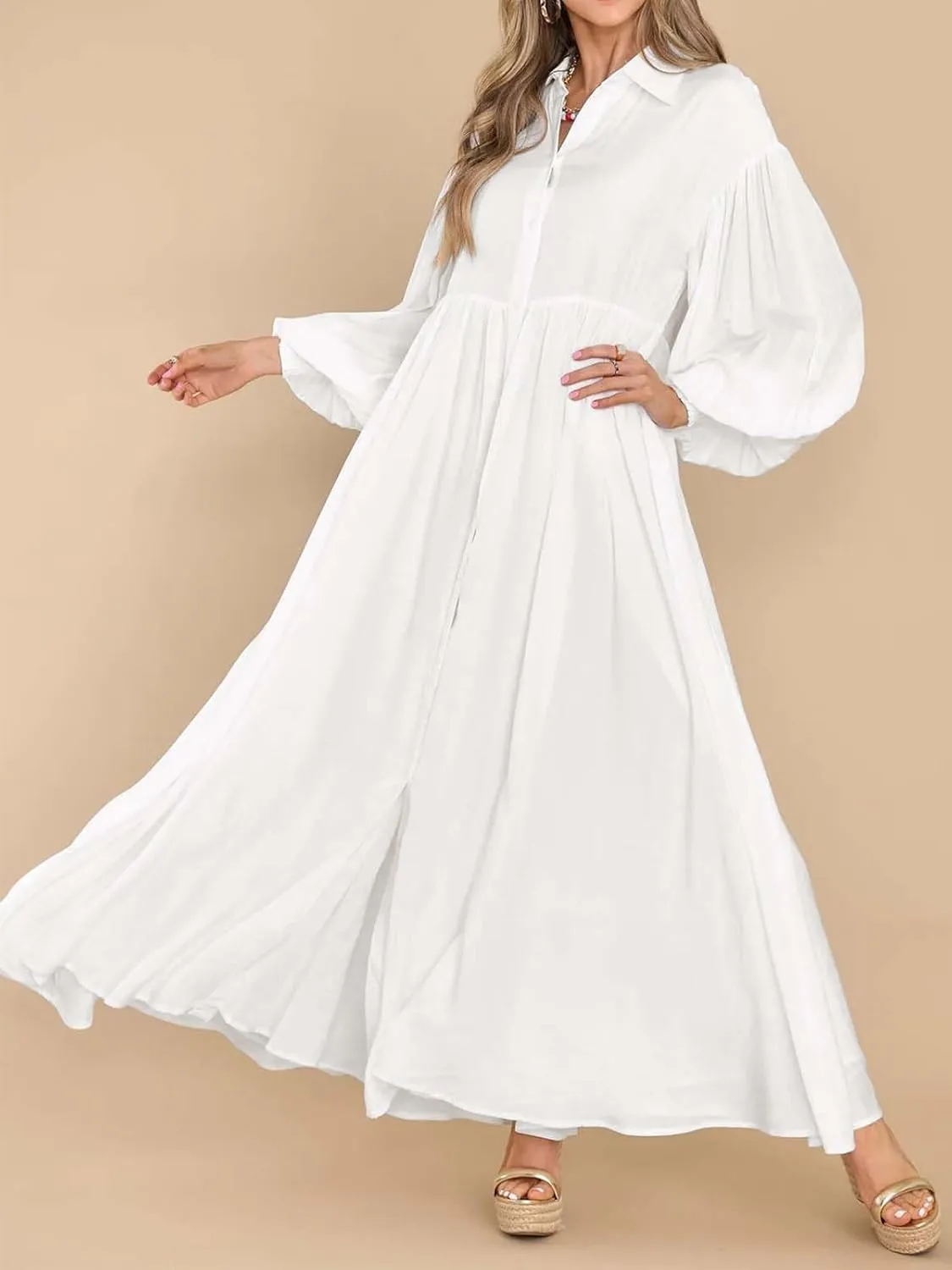 Women's Casual Pleated Long Dress Button Down Loose Fit Boho Beach Sun Dresses