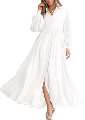 Women's Casual Pleated Long Dress Button Down Loose Fit Boho Beach Sun Dresses