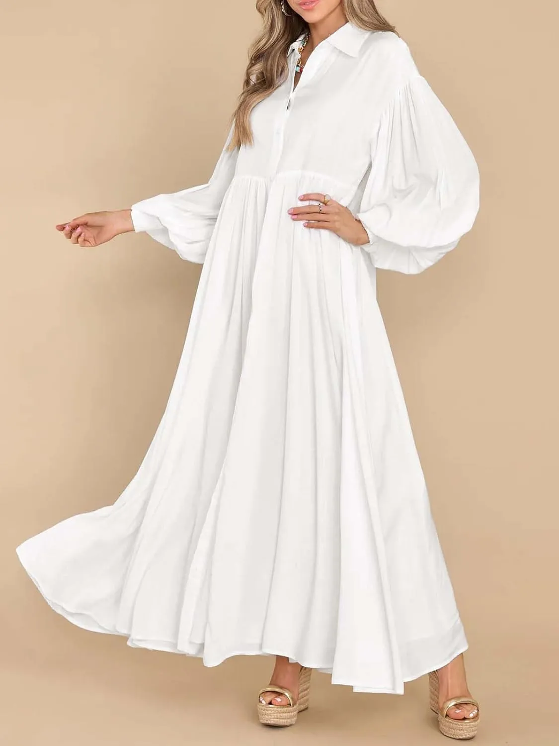 Women's Casual Pleated Long Dress Button Down Loose Fit Boho Beach Sun Dresses