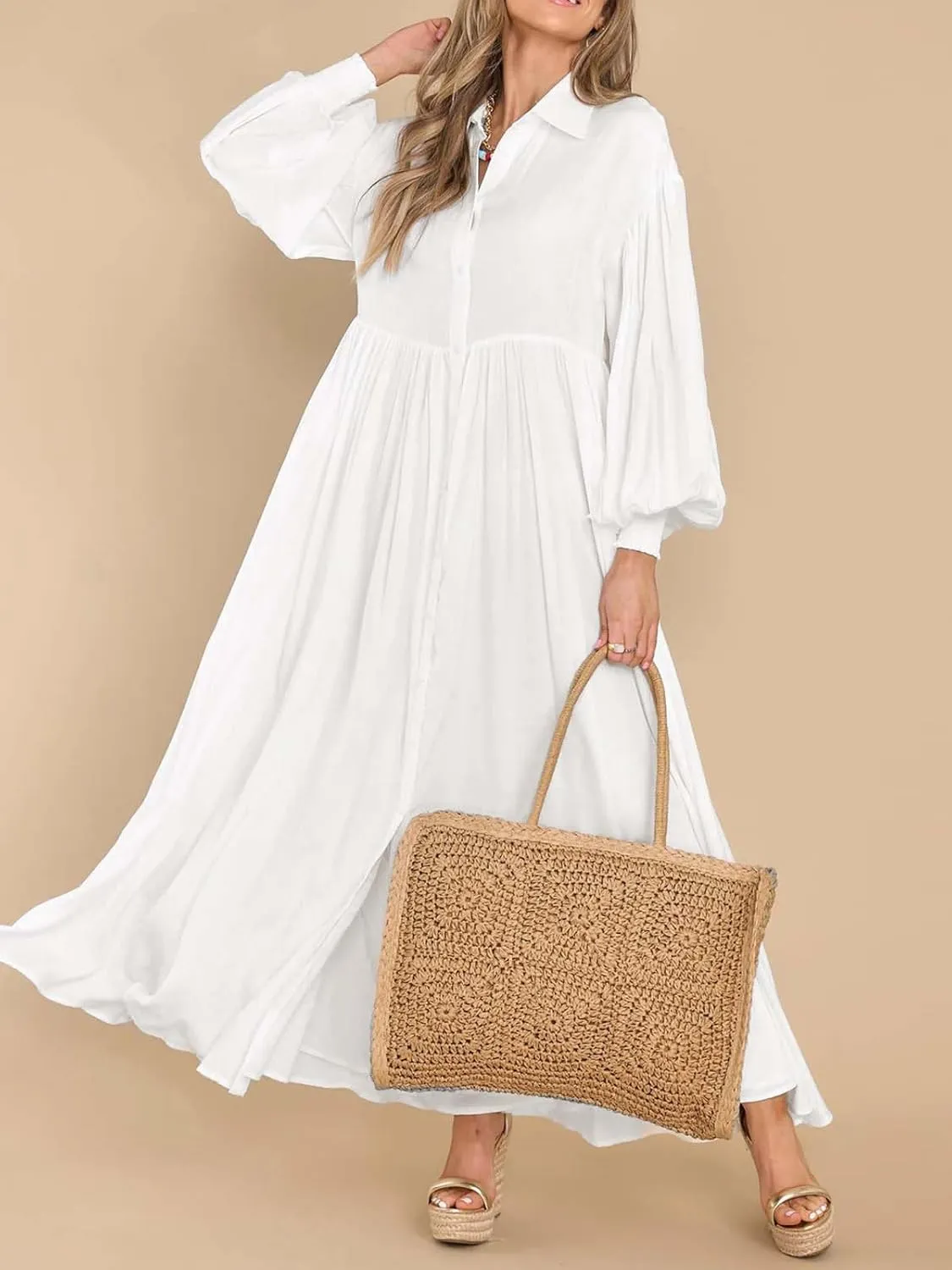 Women's Casual Pleated Long Dress Button Down Loose Fit Boho Beach Sun Dresses