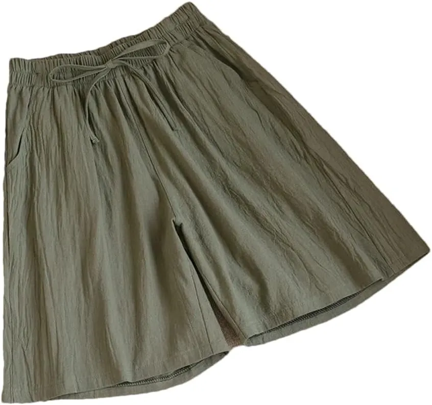 Women's Cotton Casual Solid Color Double Pocket Shorts Drawstring High Waist Loose Shorts