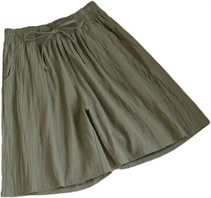 Women's Cotton Casual Solid Color Double Pocket Shorts Drawstring High Waist Loose Shorts