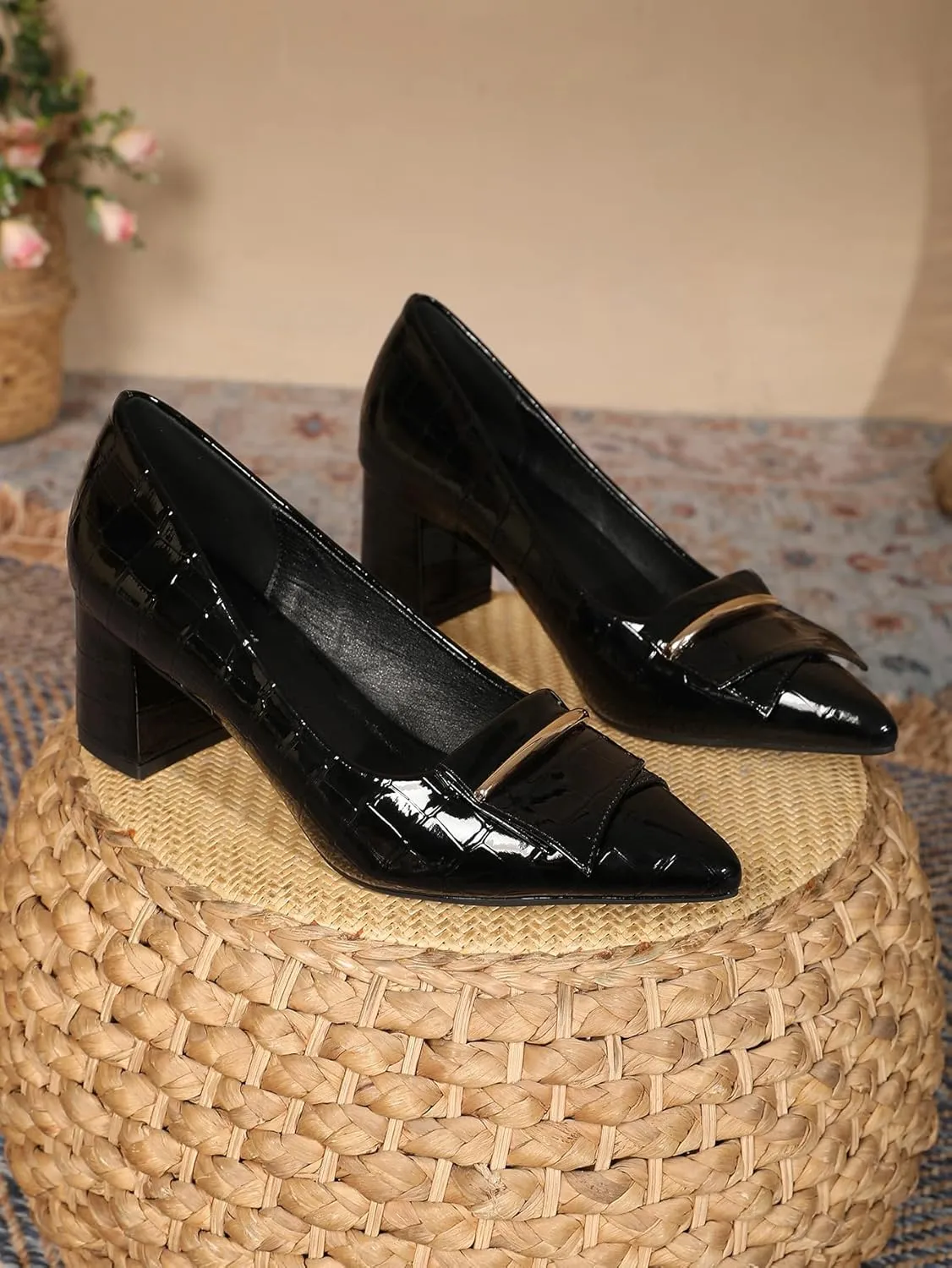 Women's Crocodile Pattern Block Heeled Pumps with Bow Slip On Closed Pointed Toe Low Thick Heels for Women Ladies Office Party Business Dress Shoes 2.36"
