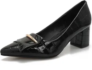 Women's Crocodile Pattern Block Heeled Pumps with Bow Slip On Closed Pointed Toe Low Thick Heels for Women Ladies Office Party Business Dress Shoes 2.36"