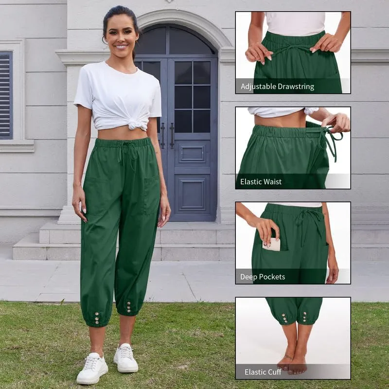 Women's Cropped Capri Pants Elastic Waist Drawstring Yoga Pant Lounge Baggy Trousers Capris Pants with Pockets