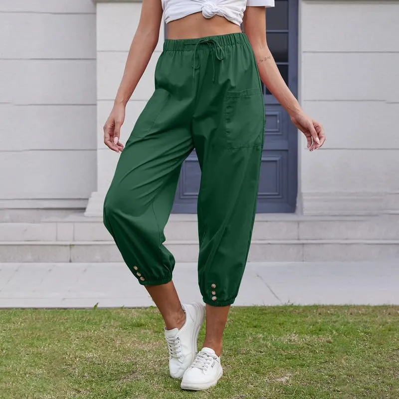 Women's Cropped Capri Pants Elastic Waist Drawstring Yoga Pant Lounge Baggy Trousers Capris Pants with Pockets