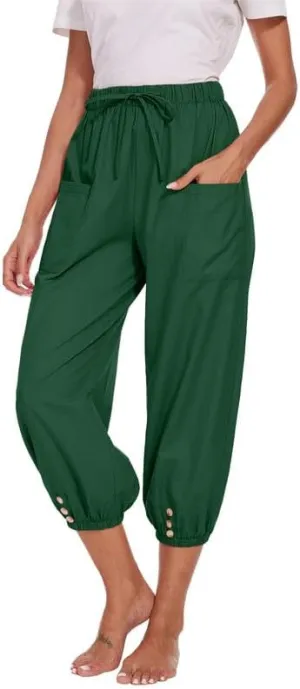 Women's Cropped Capri Pants Elastic Waist Drawstring Yoga Pant Lounge Baggy Trousers Capris Pants with Pockets