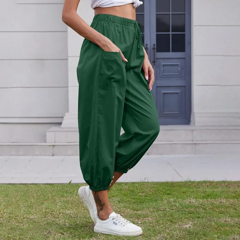 Women's Cropped Capri Pants Elastic Waist Drawstring Yoga Pant Lounge Baggy Trousers Capris Pants with Pockets