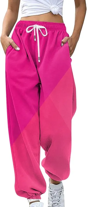 Women's Cute Two Tone Sweatpants Drawstring Elastic Waisted Cinch Bottom Joggers Workout Exercise Loose Slacks for Teen Girls