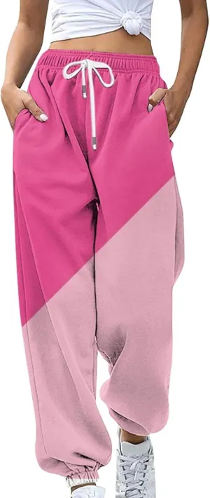 Women's Cute Two Tone Sweatpants Drawstring Elastic Waisted Cinch Bottom Joggers Workout Exercise Loose Slacks for Teen Girls