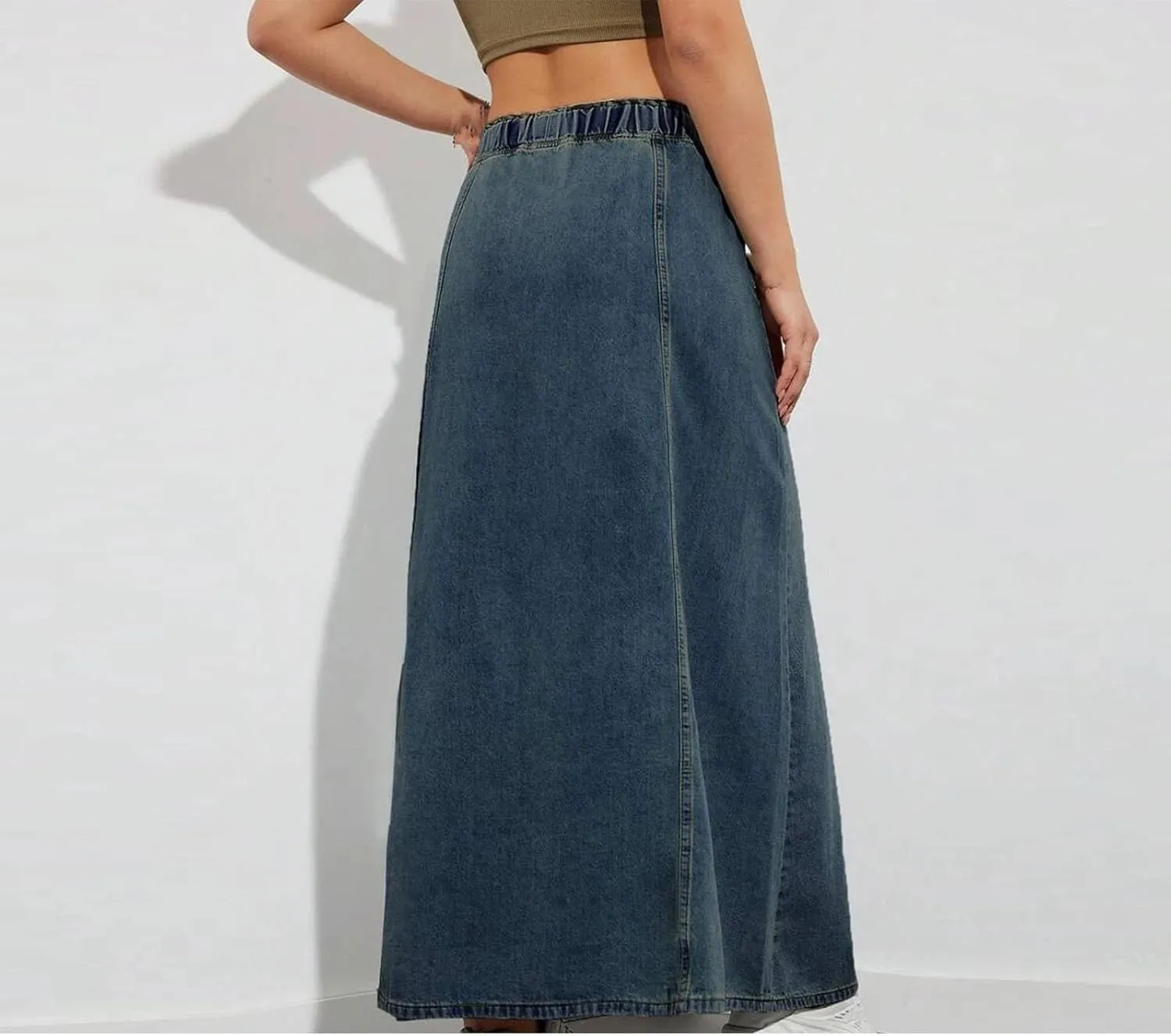 Women's Denim Long Skirts Elastic Waist Drawstring A-Line Flare Jean Skirt