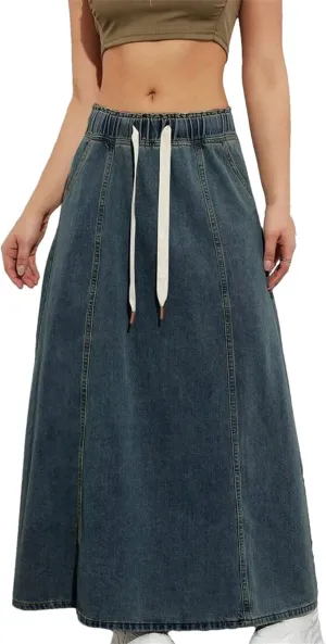 Women's Denim Long Skirts Elastic Waist Drawstring A-Line Flare Jean Skirt