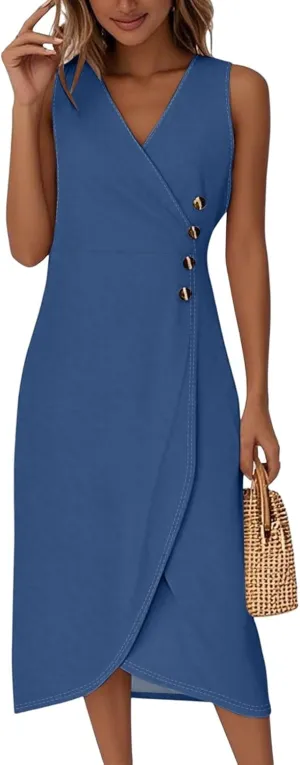 Women's Elegant Sleeveless Wrap Midi Casual Summer Dress with Button Detail for Parties,Work and Daily Wear