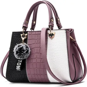 Women's Fashion Handbag Leather Shoulder Purse Color-Blocked Top-Handle Satchels
