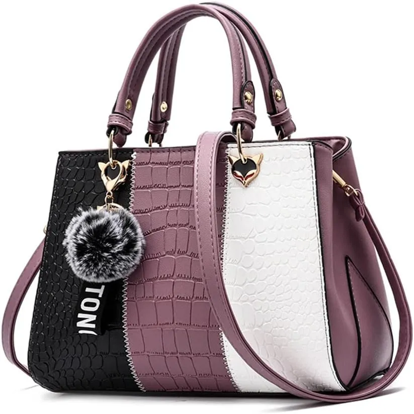 Women's Fashion Handbag Leather Shoulder Purse Color-Blocked Top-Handle Satchels