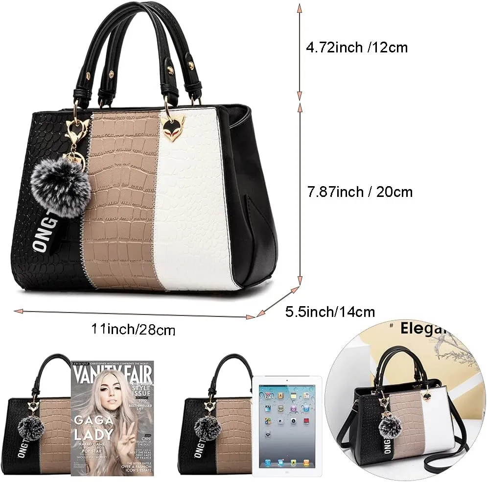 Women's Fashion Handbag Leather Shoulder Purse Color-Blocked Top-Handle Satchels
