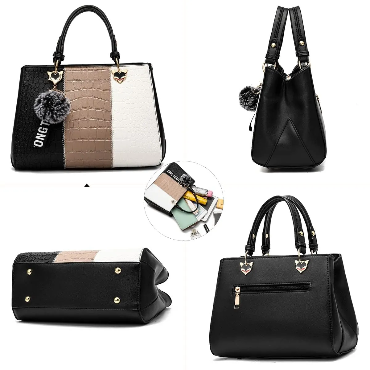 Women's Fashion Handbag Leather Shoulder Purse Color-Blocked Top-Handle Satchels