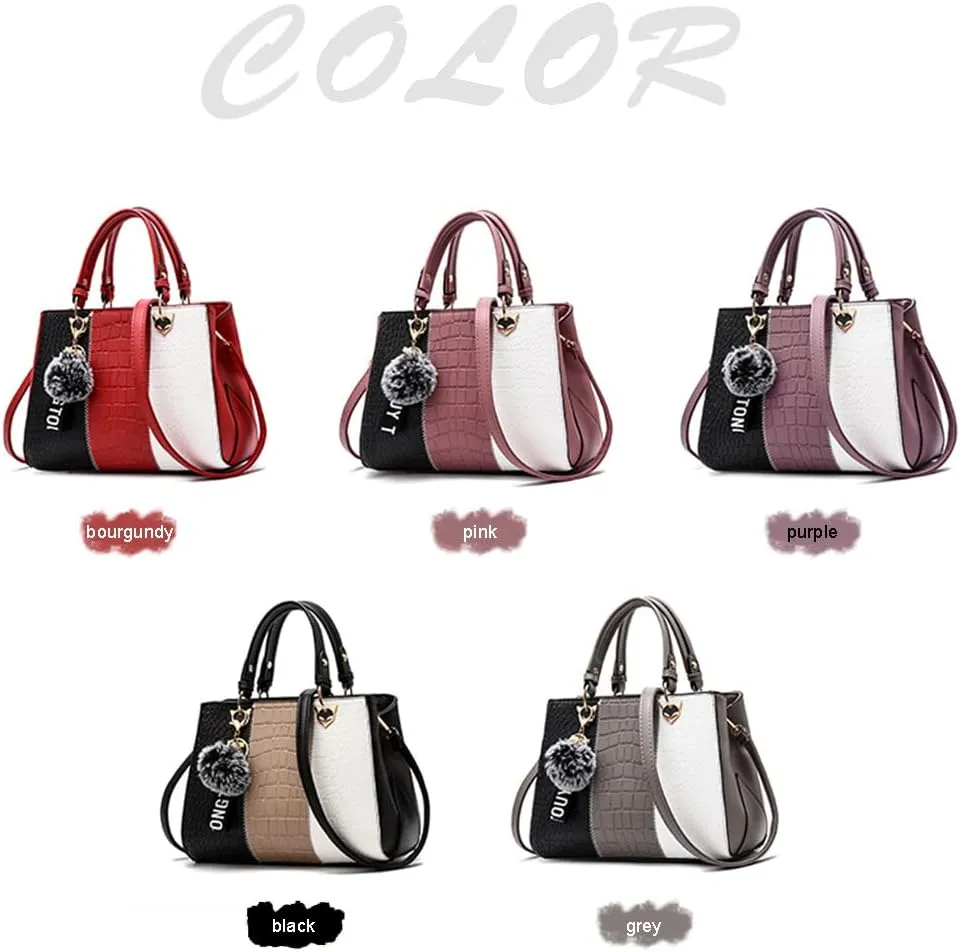 Women's Fashion Handbag Leather Shoulder Purse Color-Blocked Top-Handle Satchels