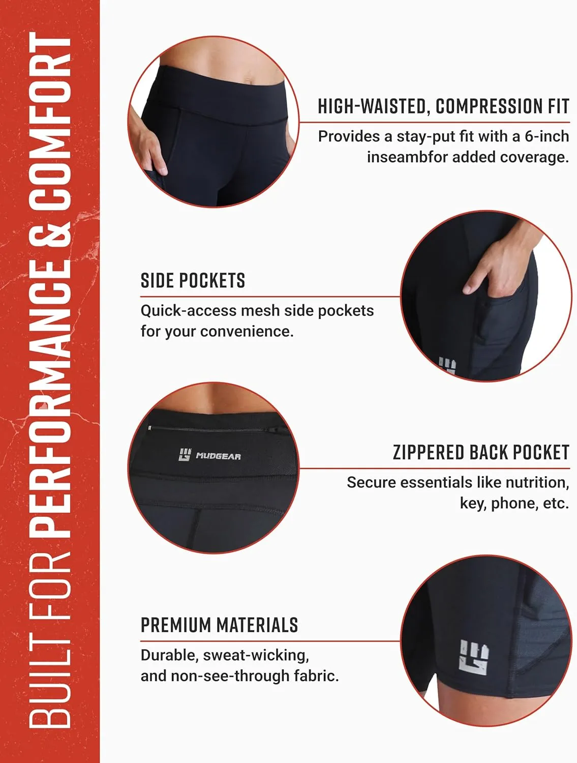 Women's Flex-Fit Compression Shorts, Sweat-Resistant, High-Waisted Running Shorts with 6-Inch Inseam & Pockets