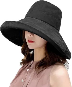 Women's Foldable Flap Cover UV Protective Wide Brim Bucket Cotton Beach Sun Hat Summer Hat