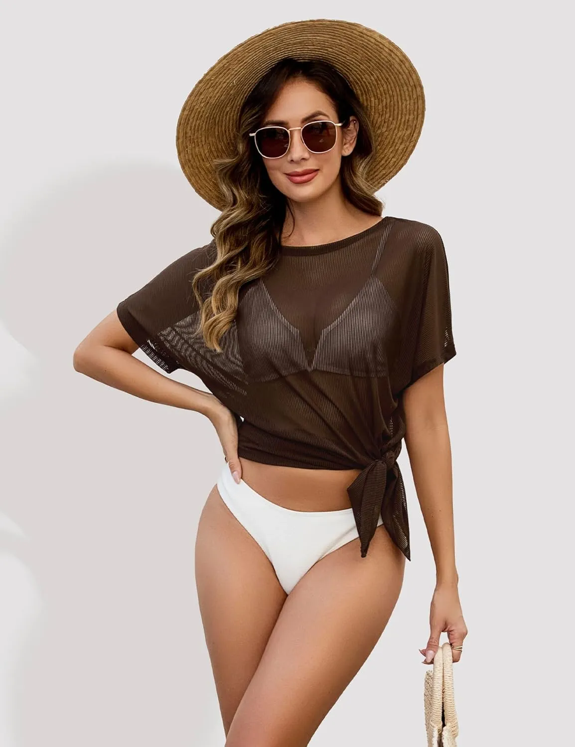 Women's Mesh Sheer Swimsuit Cover up Side Slit Tie Short Sleeve Beach Skirt Multi-Way Wear Bikini Swim Coverup