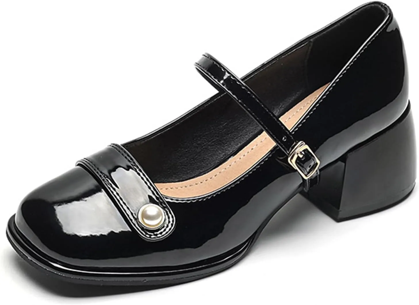 Women's Patent Leather Pearl Monk Strap Chunky Heel Mary Janes Fashion Square Toe Ankle Strap Mid Block Heel Business Formal Pumps Grace Wedding Prom Party Dress Shoes
