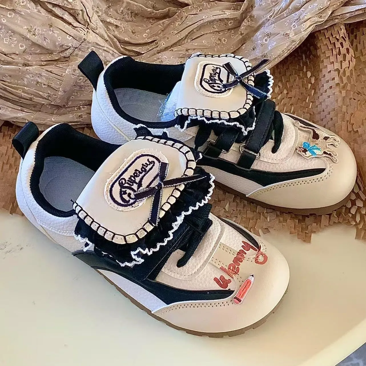Women's Playful Sneakers with Lace Trim, Cat Design, Lightweight Walking Shoes, Bold Streetwear Statement