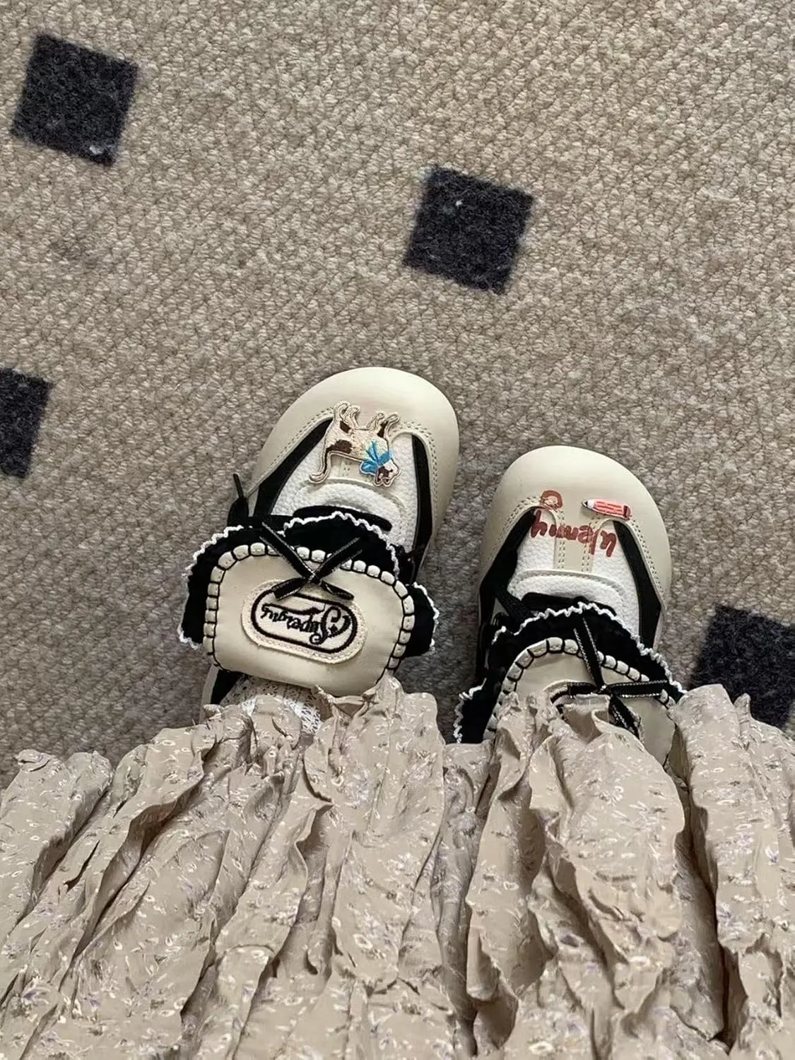 Women's Playful Sneakers with Lace Trim, Cat Design, Lightweight Walking Shoes, Bold Streetwear Statement