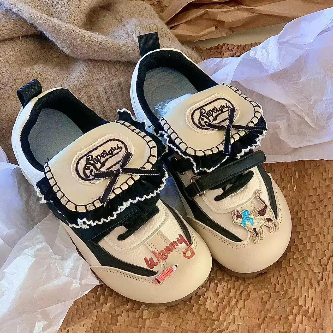 Women's Playful Sneakers with Lace Trim, Cat Design, Lightweight Walking Shoes, Bold Streetwear Statement