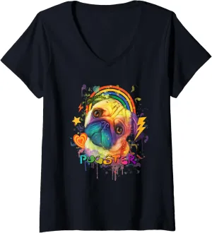 Womens Pugster Funny Pug Humor Dutch Bulldog Animal Pun Dog Theme V-Neck T-Shirt