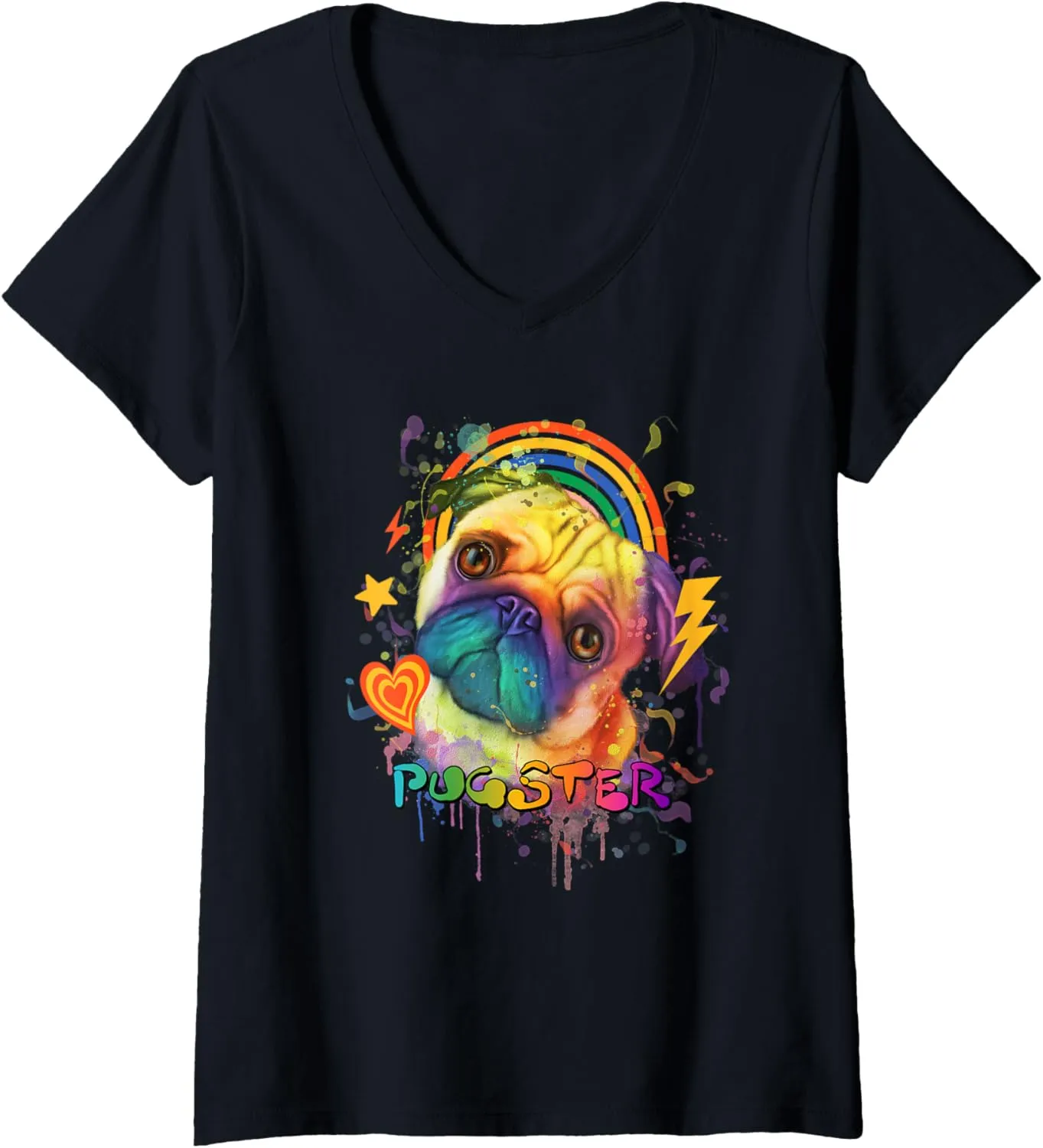 Womens Pugster Funny Pug Humor Dutch Bulldog Animal Pun Dog Theme V-Neck T-Shirt