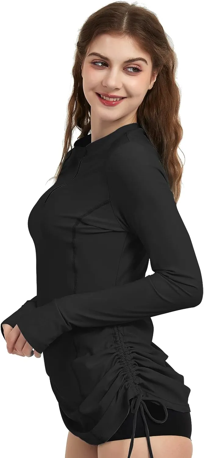 Women's Rash Guard Long Sleeve Sun Protection Clothing Half Zip Swim Shirt Side Adjustable Swimsuit Tops